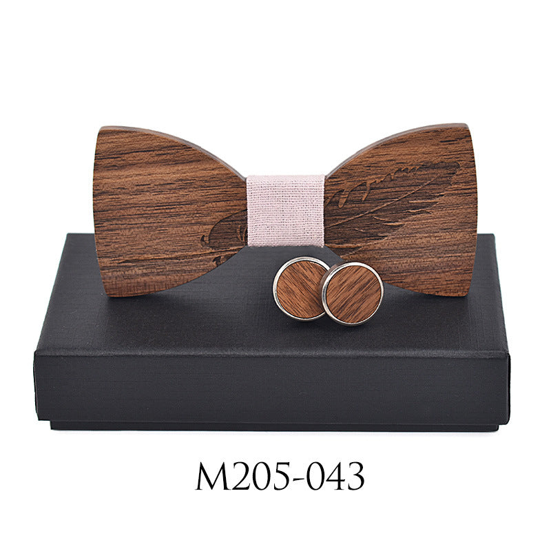 Business Leisure Feather Carving Wooden Tie Cuff Buckle Set