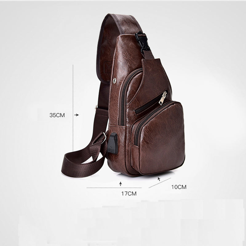 Backpack Male USB Charging Anti-theft Chest Bag Casual Retro Pu Shoulder Bag Men&#39;s Outdoor Riding Sports Messenger Bag
