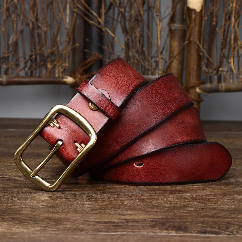 Men&#39;s Cowhide Vintage Distressed Pleated Brass Buckle Belt