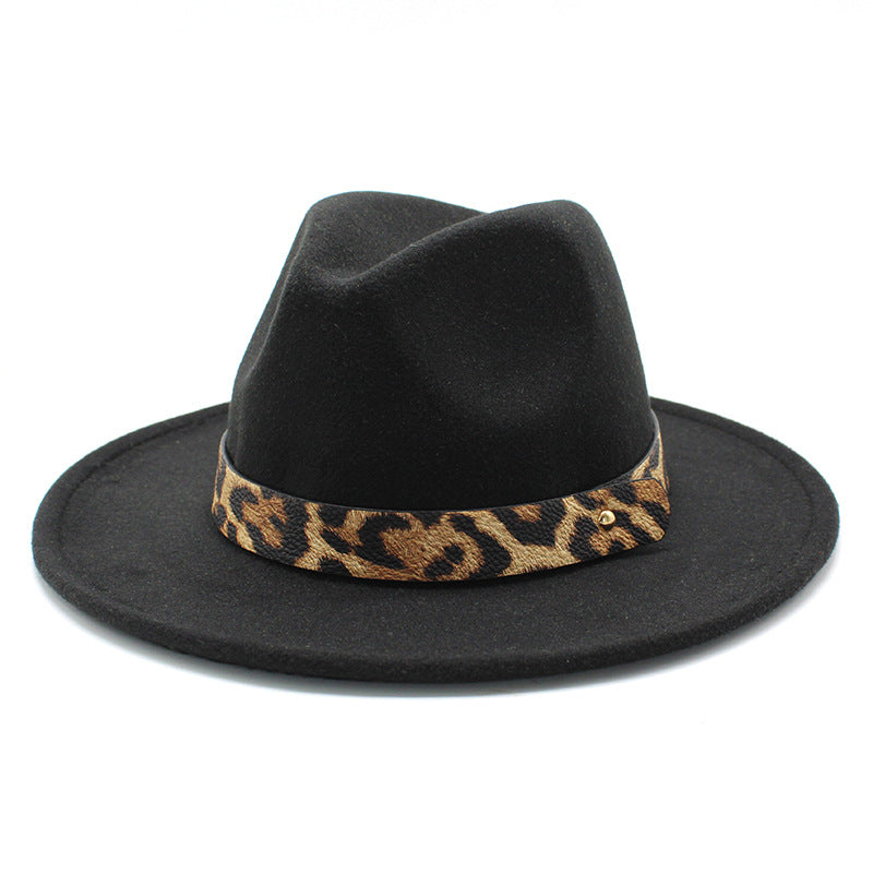 Men&#39;s Fashion Leopard Print Woolen Big Brim Top Hat
