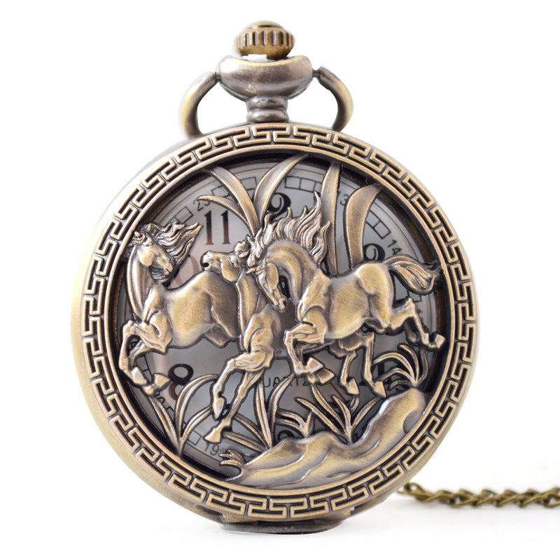 Men&#39;s Three Horses Skeleton Quartz Pocket Watch