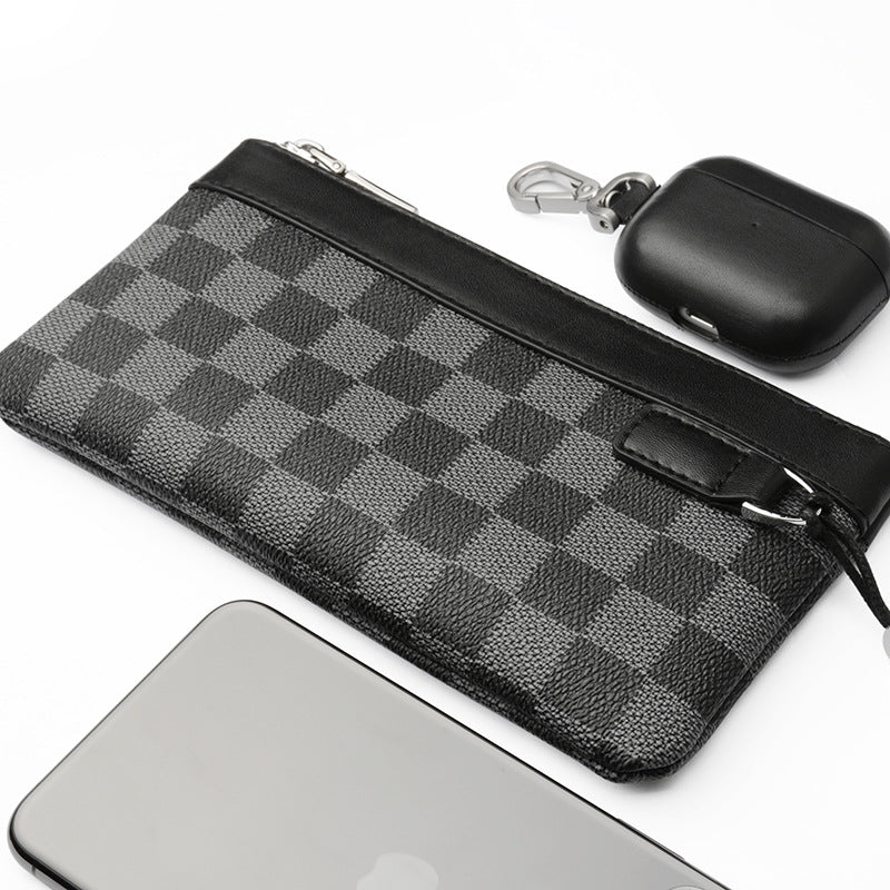 Men&#39;s Leather Plaid Clutch Top Layer Cowhide Wallet