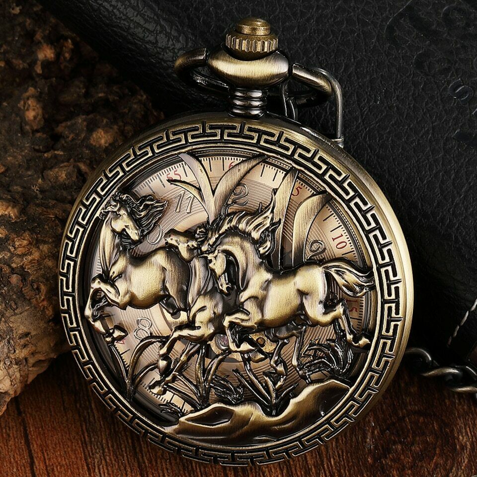 Men&#39;s Three Horses Skeleton Quartz Pocket Watch
