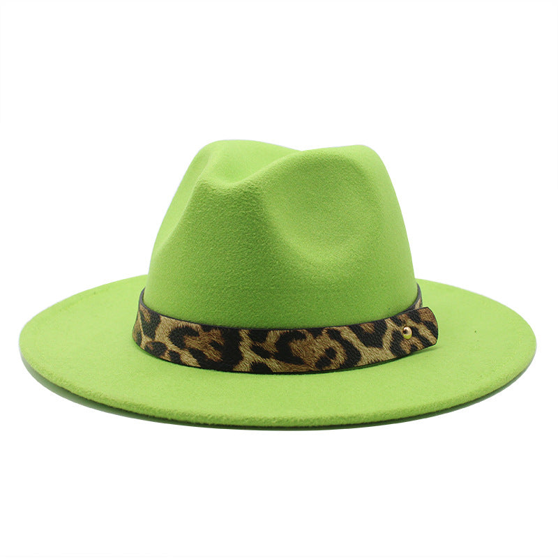 Men&#39;s Fashion Leopard Print Woolen Big Brim Top Hat