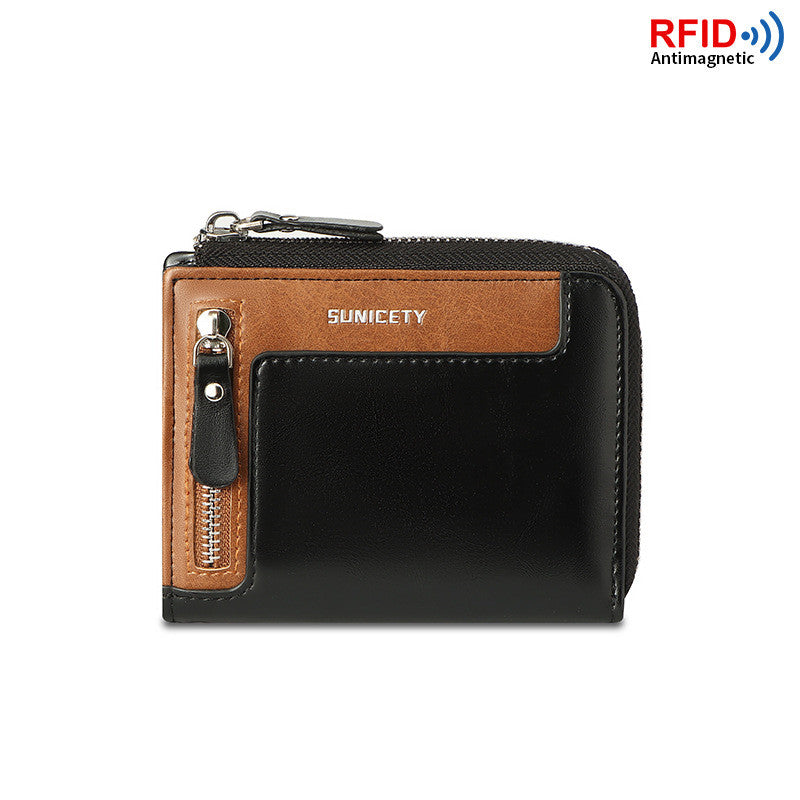 Men&#39;s Short Fashion Leather Zipper RFID Wallet