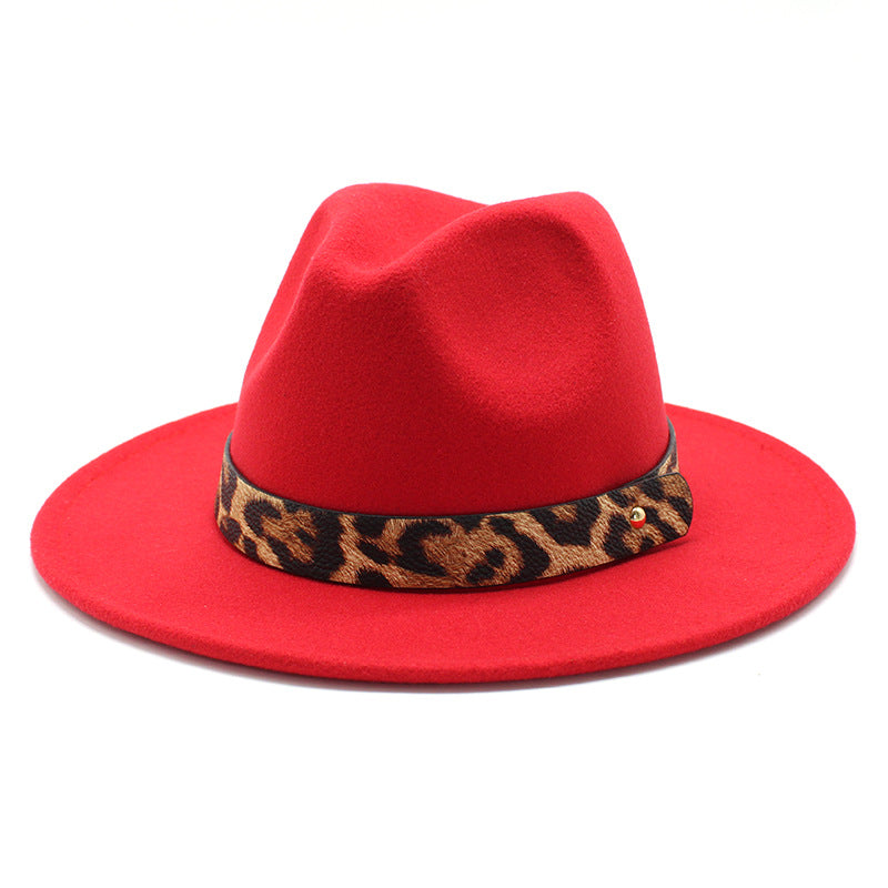 Men&#39;s Fashion Leopard Print Woolen Big Brim Top Hat