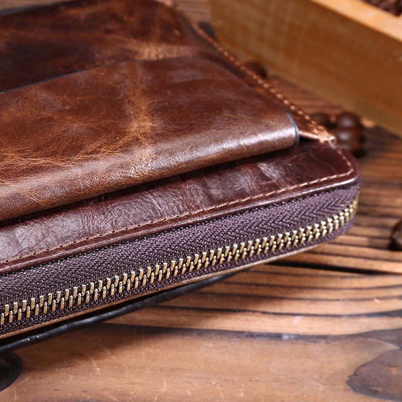 Vintage oil wax leather men&#39;s long wallet