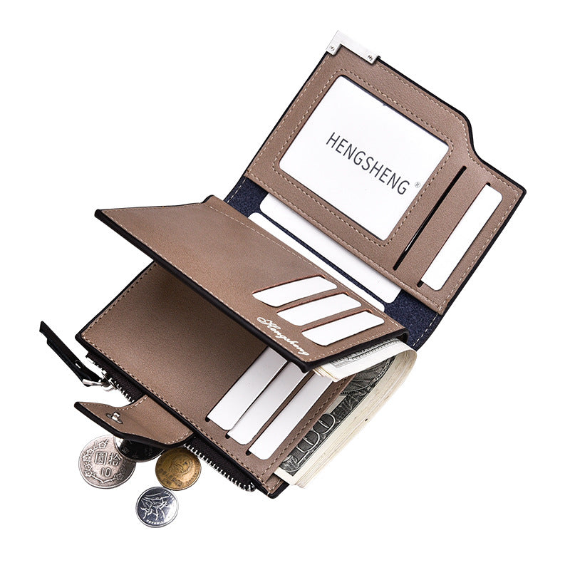 Men&#39;s wallet vertical multi-function card bag zipper buckle three fold wallet wallet coin purse US gold clip