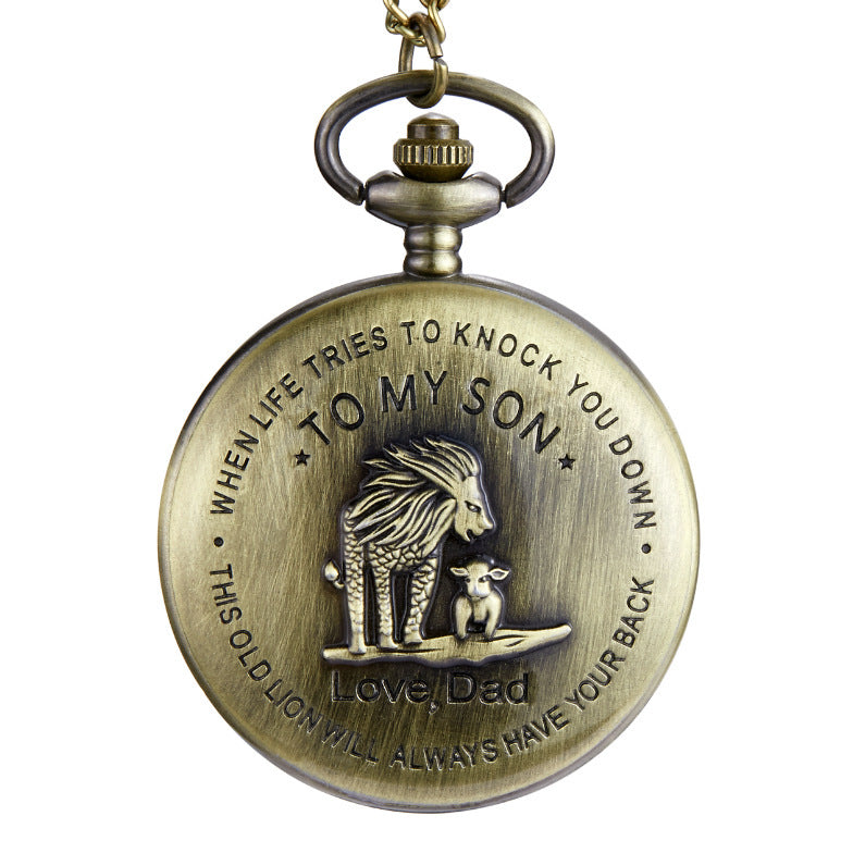 TO MY SON Theme Lion Pattern Necklace Quartz Pocket Watch
