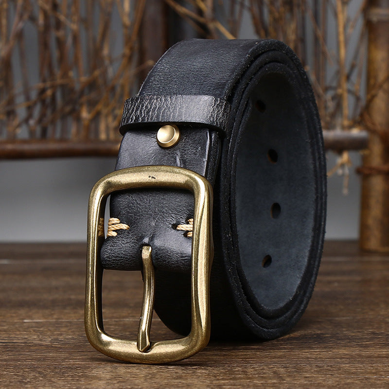 Men&#39;s Cowhide Vintage Distressed Pleated Brass Buckle Belt