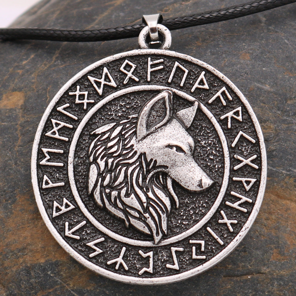Viking Wolf Head Rune Necklace Metal Men&#39;s Pendant