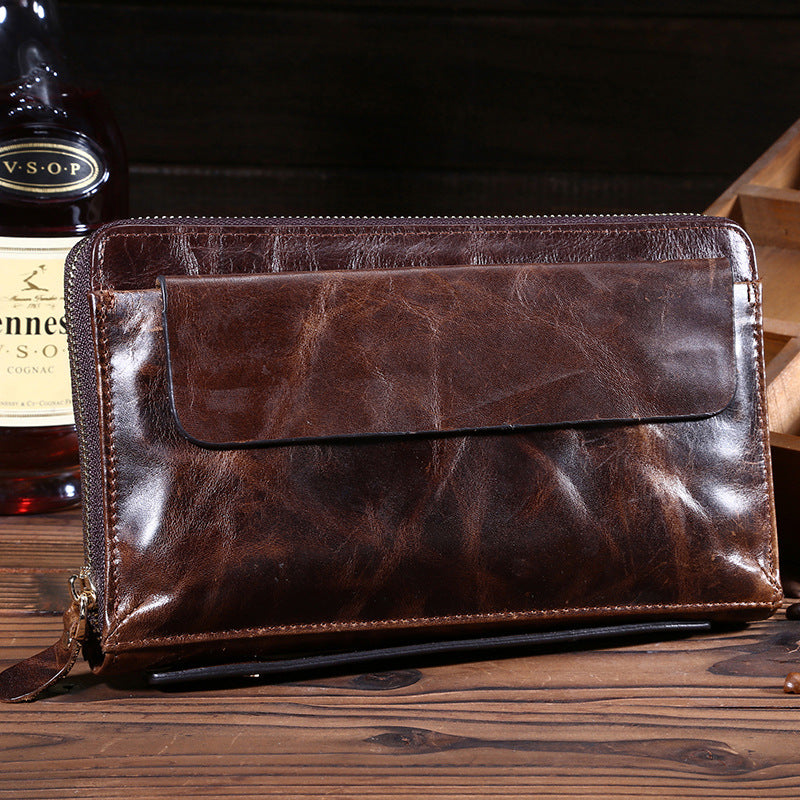 Vintage oil wax leather men&#39;s long wallet