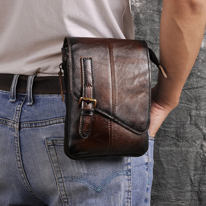 Head layer tree cream leather man&#39;s 8 inch single shoulder straddle chest bag waist bag