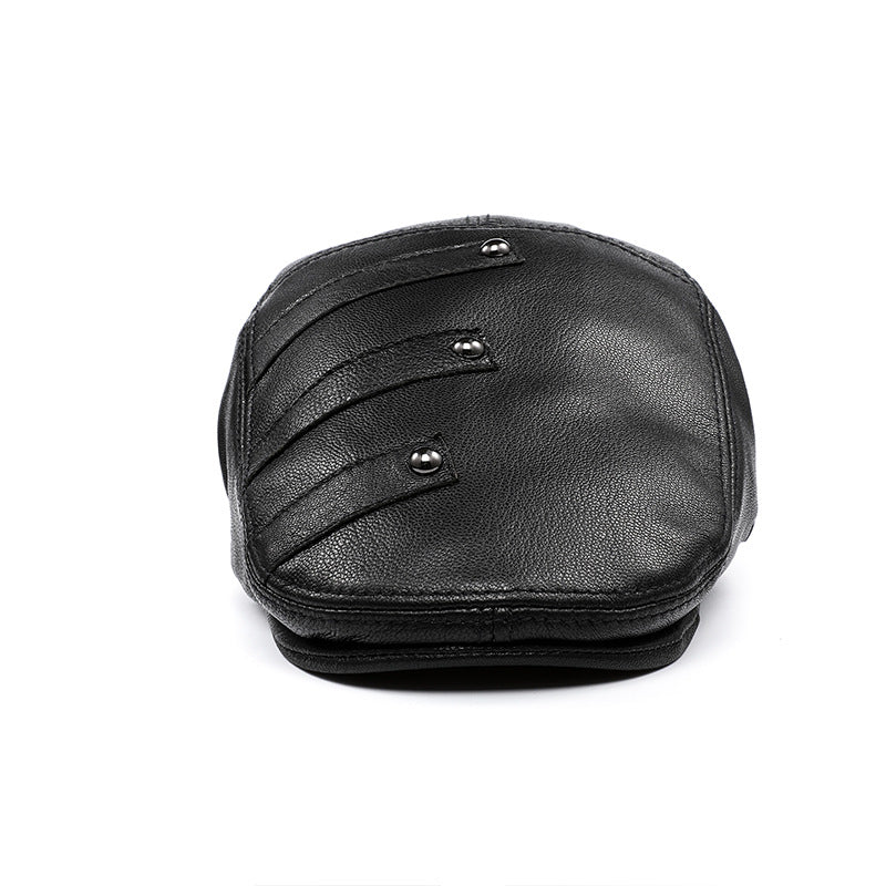 Autumn And Winter Genuine Leather Men&#39;s Middle-aged And Elderly Duck Tongue Korean Workers Monochrome Beret