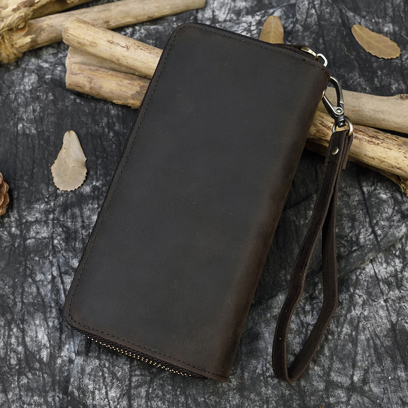 Men&#39;s Crazy Horse Leather Long Leather Zipper Wallet