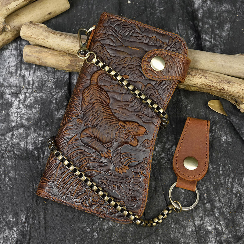 Men&#39;s Crazy Horse Leather Long Chain Anti-theft Wallet