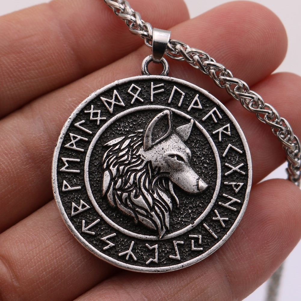 Viking Wolf Head Rune Necklace Metal Men&#39;s Pendant