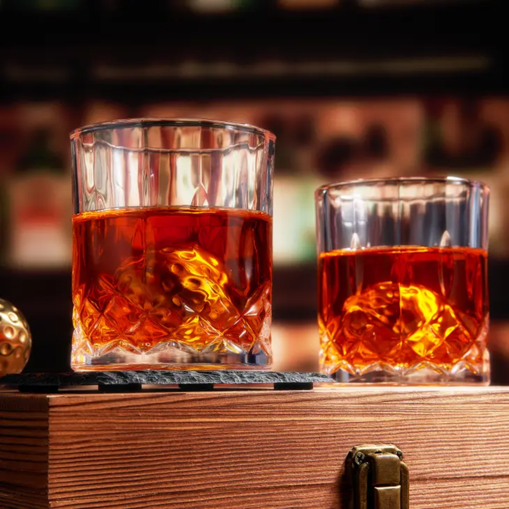 Golf Ball Whiskey Chillers &amp; Glasses with Wood Gift Box