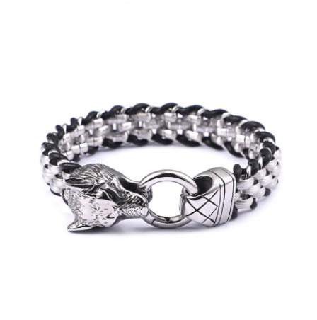 Titanium Wolf Head Men&#39;s Bracelet