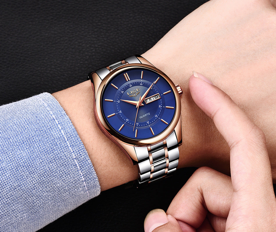 Fashion trend business waterproof steel belt watch men&#39;s multi-function luminous