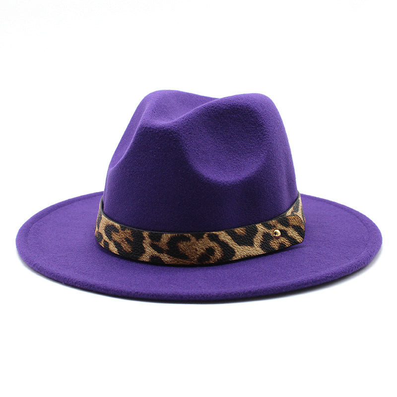 Men&#39;s Fashion Leopard Print Woolen Big Brim Top Hat