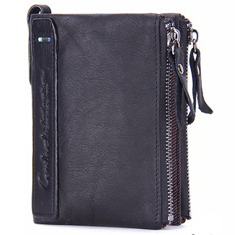 Cowhide double zipper wallet