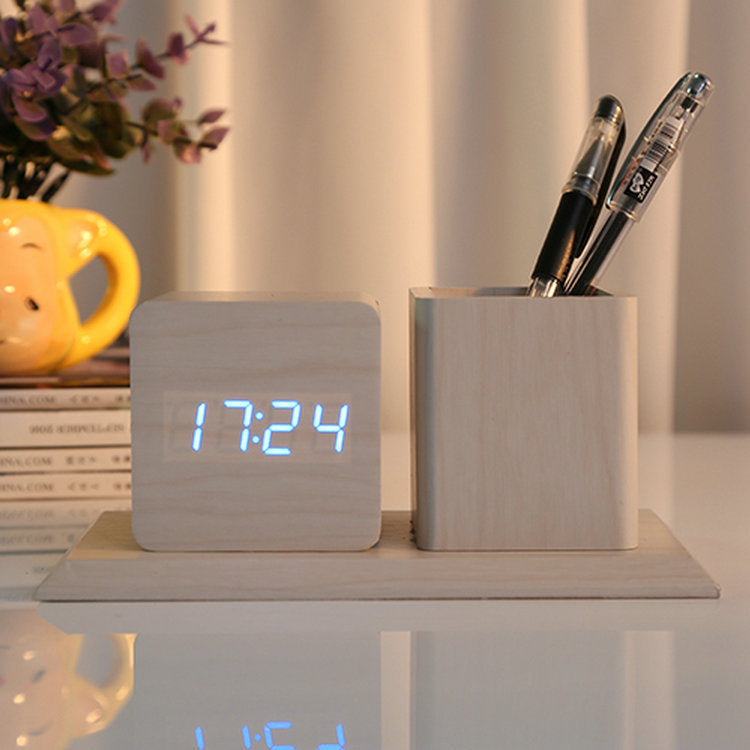 Fashion Led Wood Pen Holder Alarm Clock Student Digital Mute