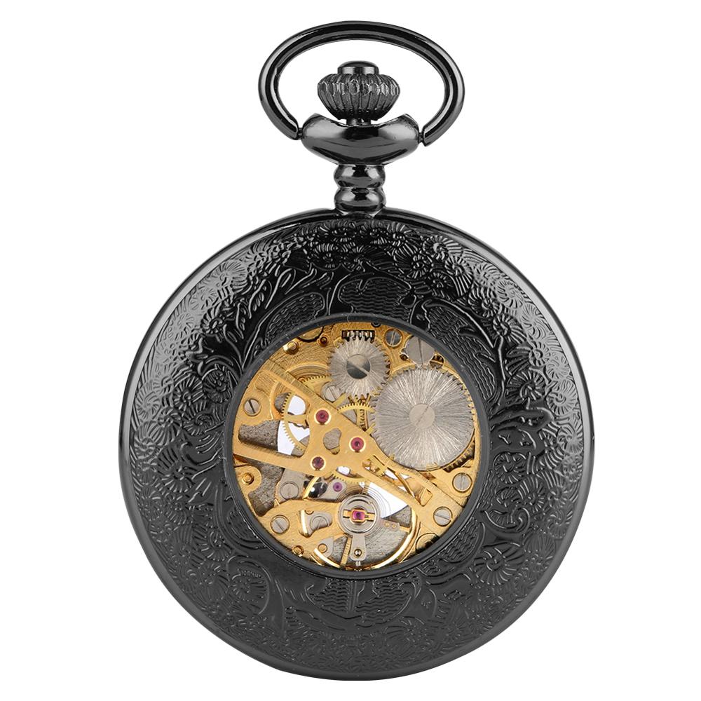 Classic Black Chain Hollow Gear Manual Mechanical Pocket Watch