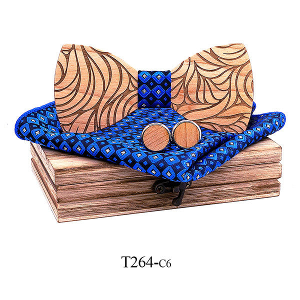 Solid Wood Wooden Suit Broken Flower Pattern Bow Tie