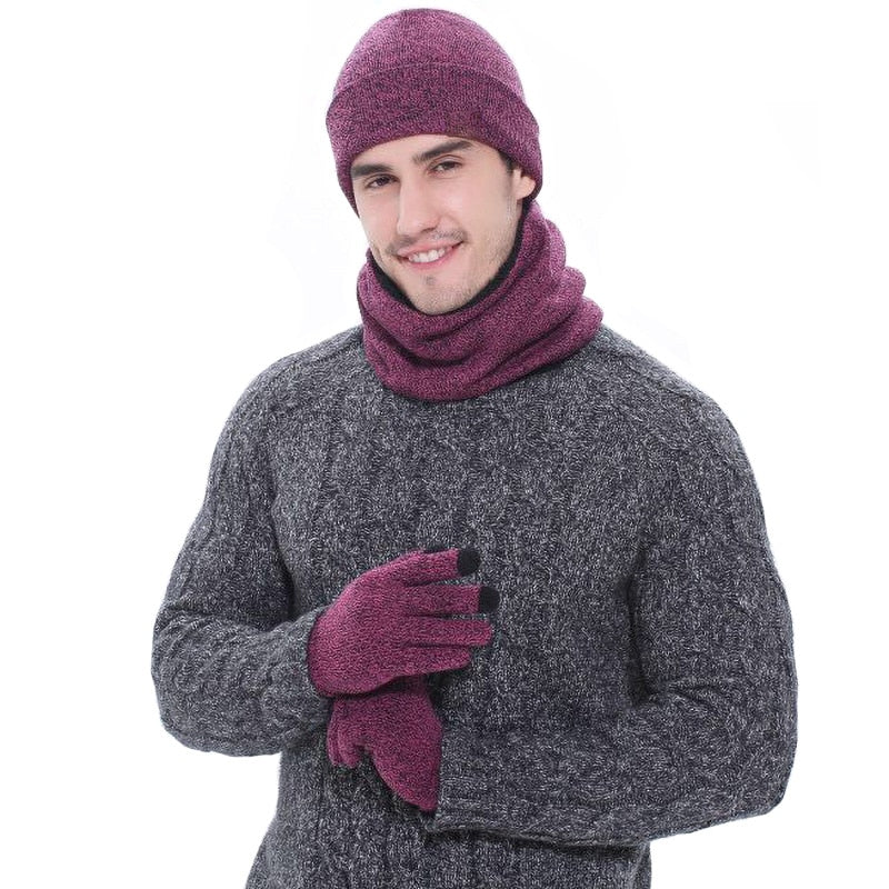 Winter men&#39;s hats, scarves, gloves, suits, fashion knitting and velvet hats, scarves, kits, men&#39;s 3 pieces/sets