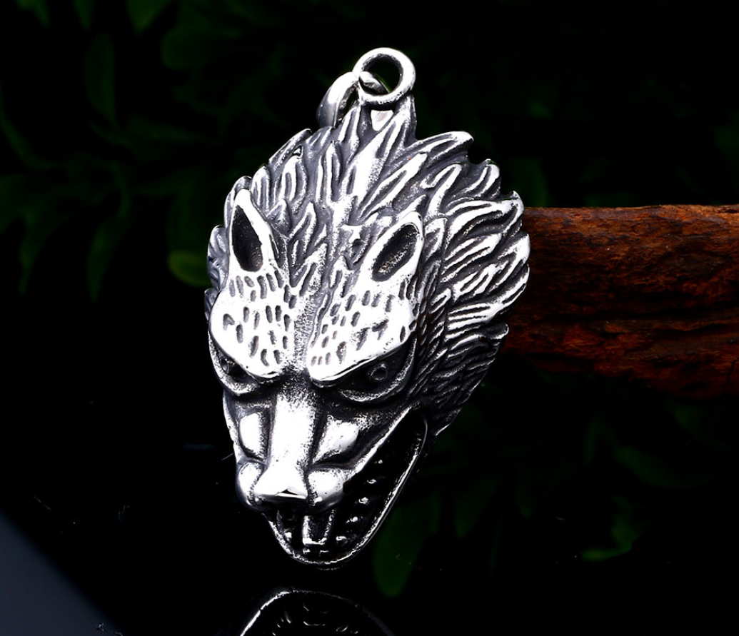 Stainless Steel Viking Wolf Head Men&#39;s Pendant
