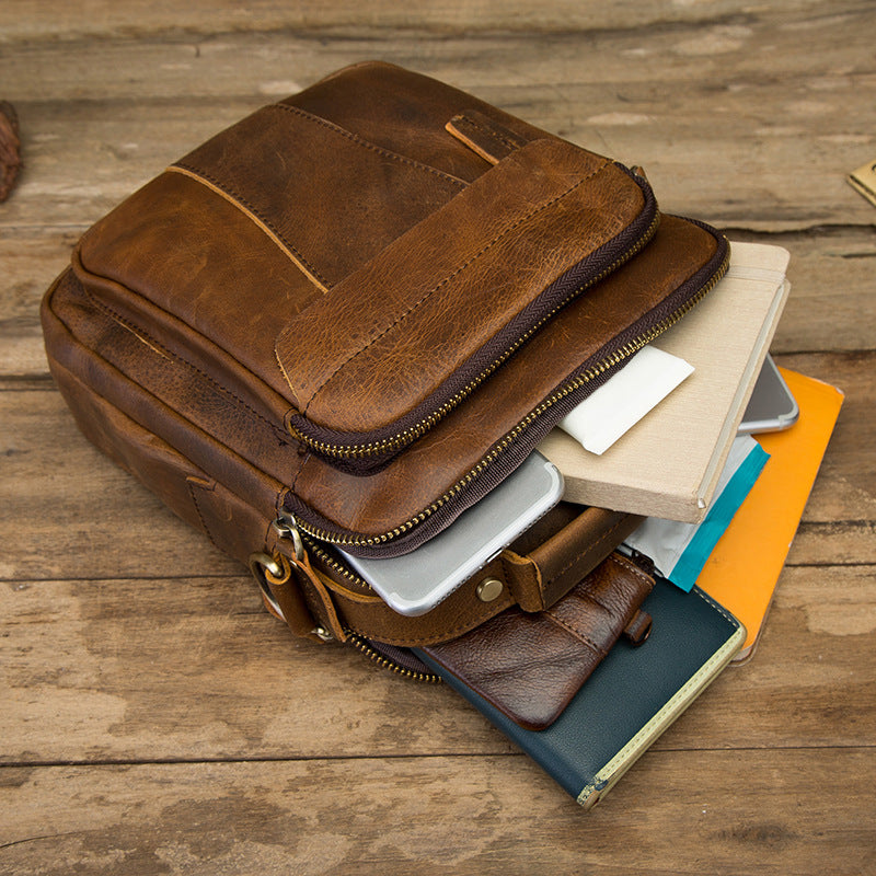 Crazy Horse Leather Retro Men&#39;s 8-inch One-shoulder Diagonal Bag