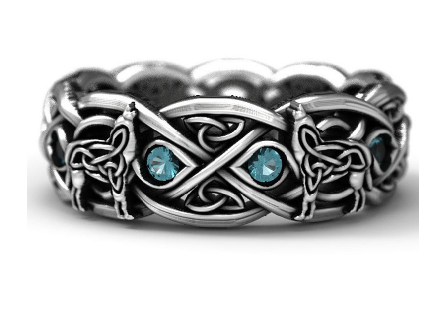 Galvanized Diamond Wolf Head Ring