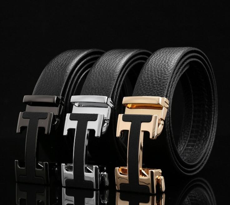 Automatic buckle men&#39;s belt leather lychee pattern