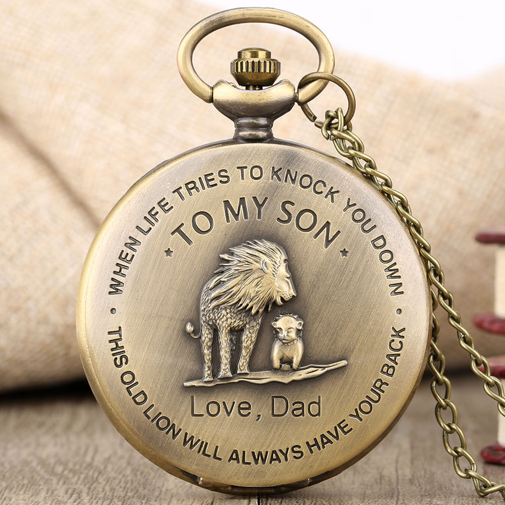 TO MY SON Theme Lion Pattern Necklace Quartz Pocket Watch