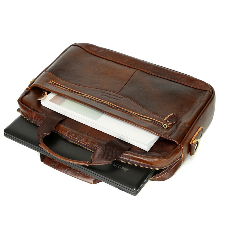 Cowhide men&#39;s horizontal business bag