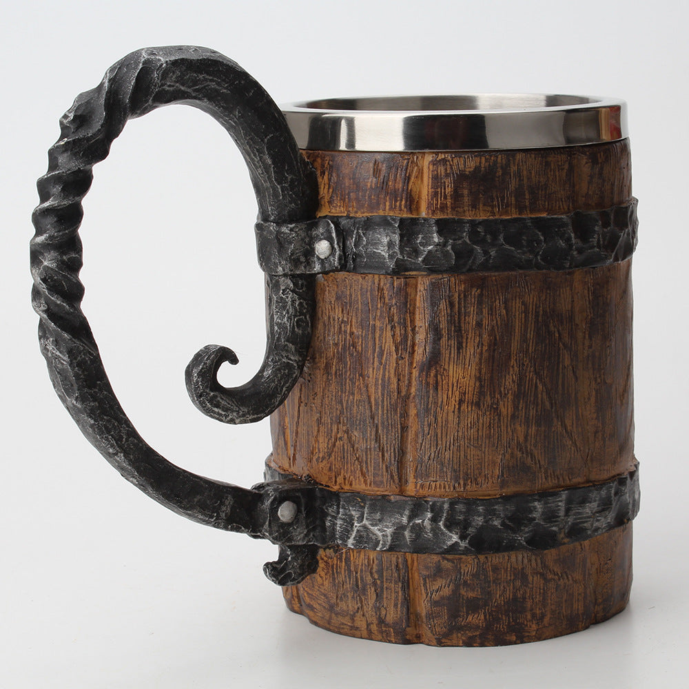 Simulation Wooden Barrel Double-layer Beer Creative Personality Resin Stainless Steel Liner Drinking Cup