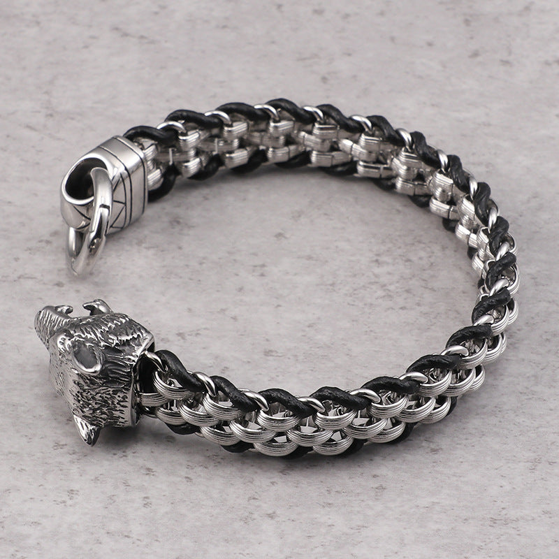 Titanium Wolf Head Men&#39;s Bracelet