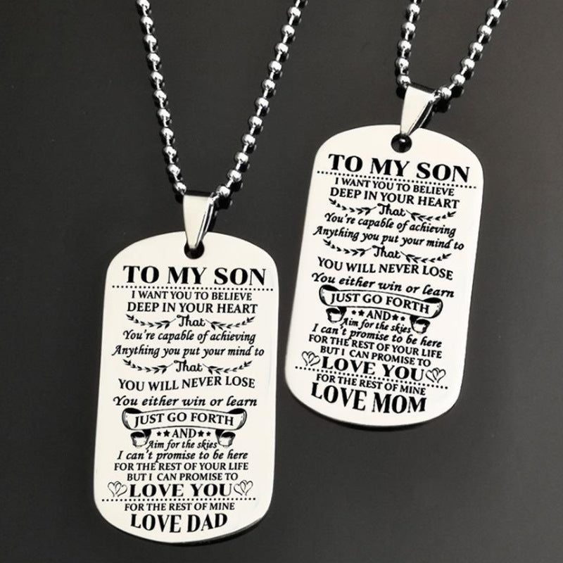 Stainless Steel Tag Necklace TO MY SON Letter Army Pendant