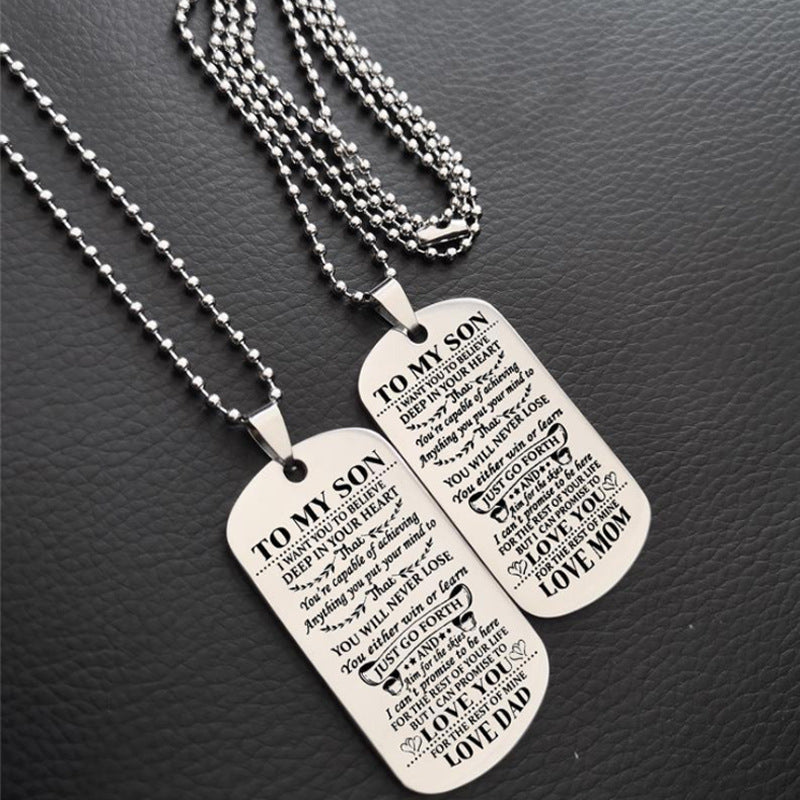 Stainless Steel Tag Necklace TO MY SON Letter Army Pendant