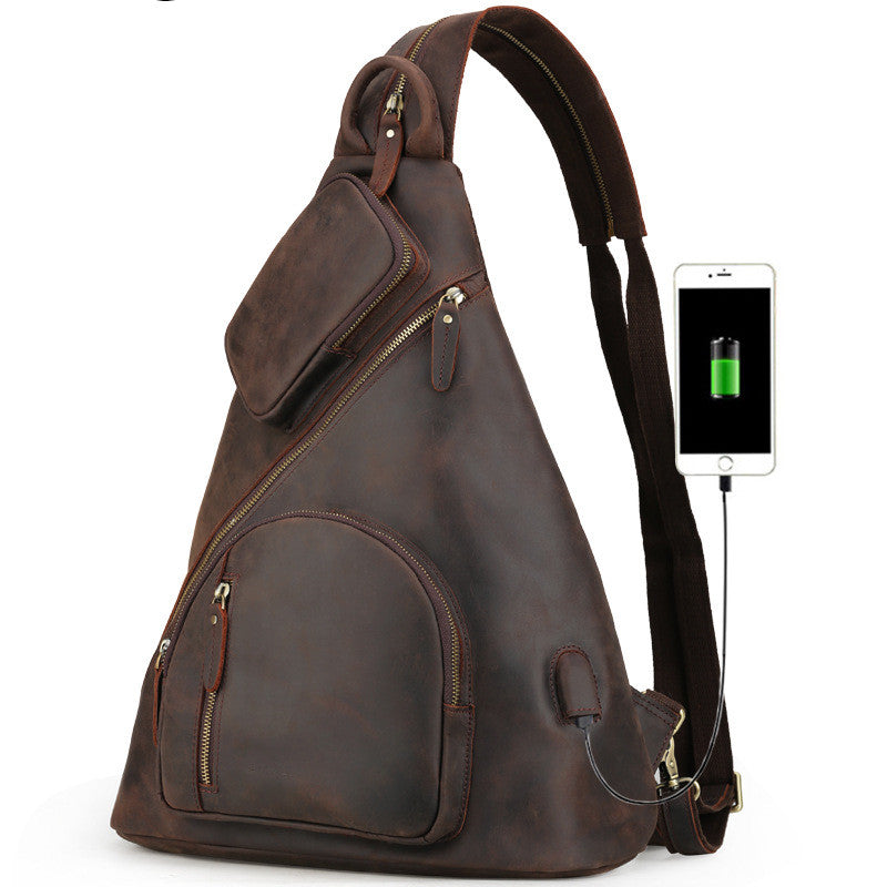 Trendy cow new leather men&#39;s chest bag large-capacity multi-function USB charging backpack retro crazy horse leather men&#39;s bag