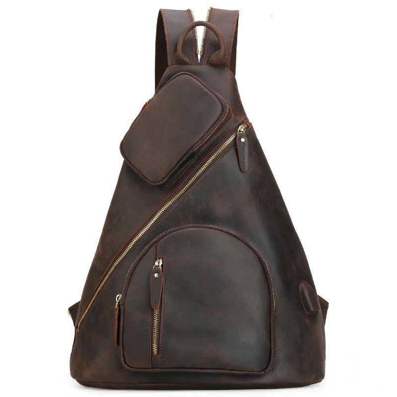 Trendy cow new leather men&#39;s chest bag large-capacity multi-function USB charging backpack retro crazy horse leather men&#39;s bag