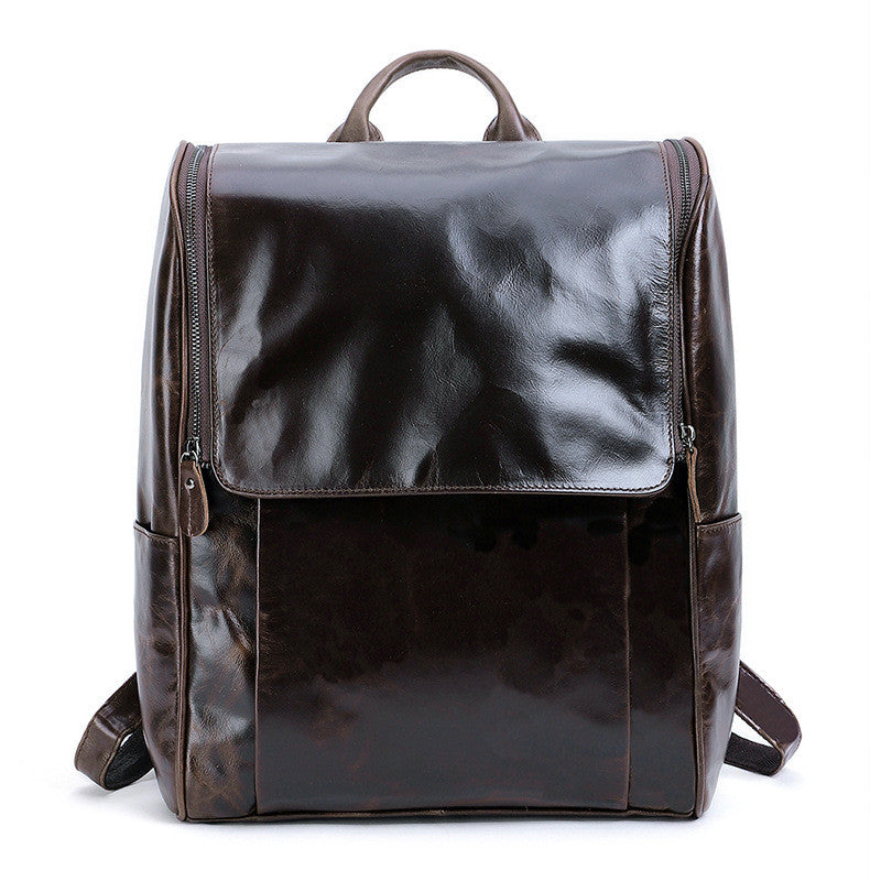 Business Men&#39;s Leather Backpack Large Capacity 15.6-Inch Computer Backpack Top Layer Leather Retro Backpack