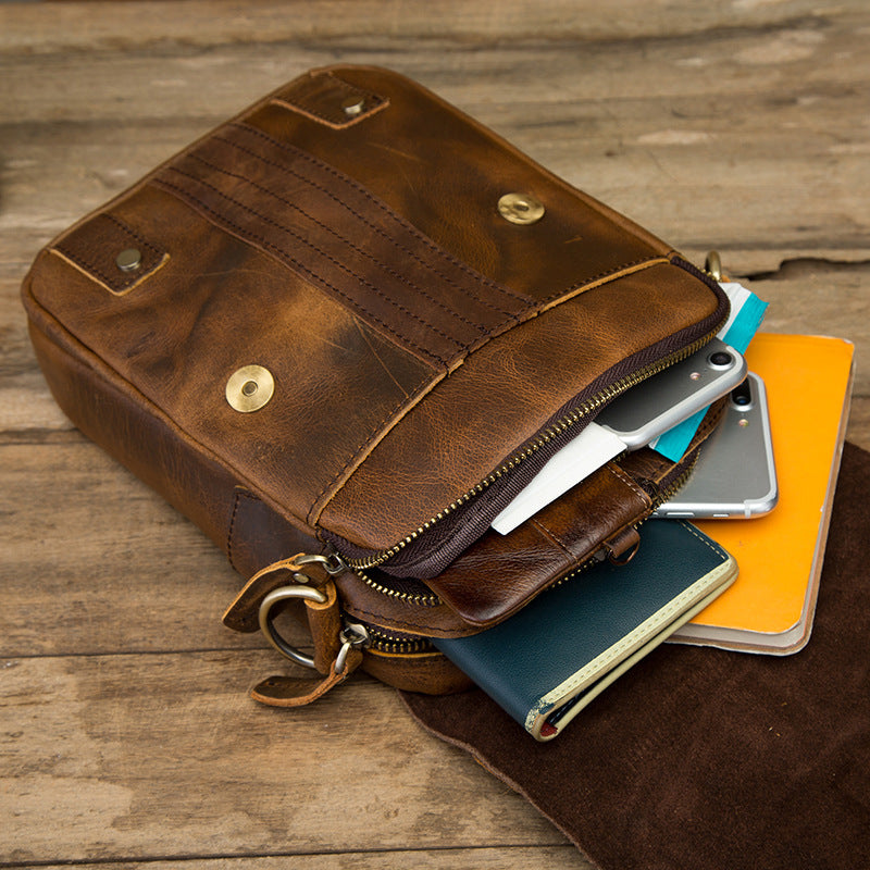 Imported Crazy Horse Leather Leather Foreign Trade Europe And America Retro Men&#39;s 8-Inch Summer Travel Outdoor Shoulder Diagonal Bag 152