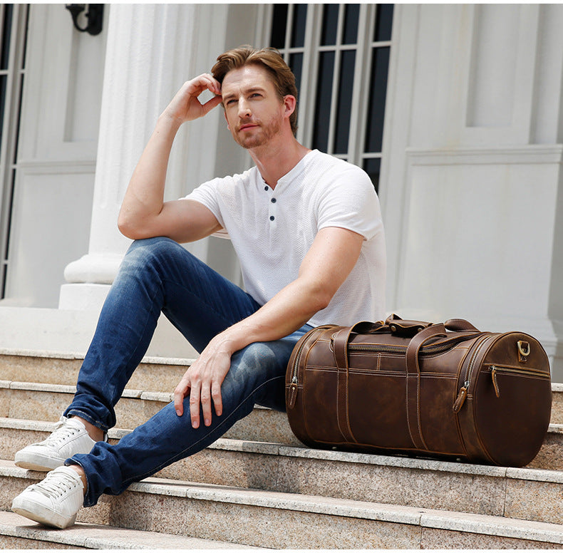 Trendy Cow European And American Retro Men&#39;s Leather Travel Bag Large-Capacity Leisure Gym Bag Crazy Horse Leather Travel Bag Portable