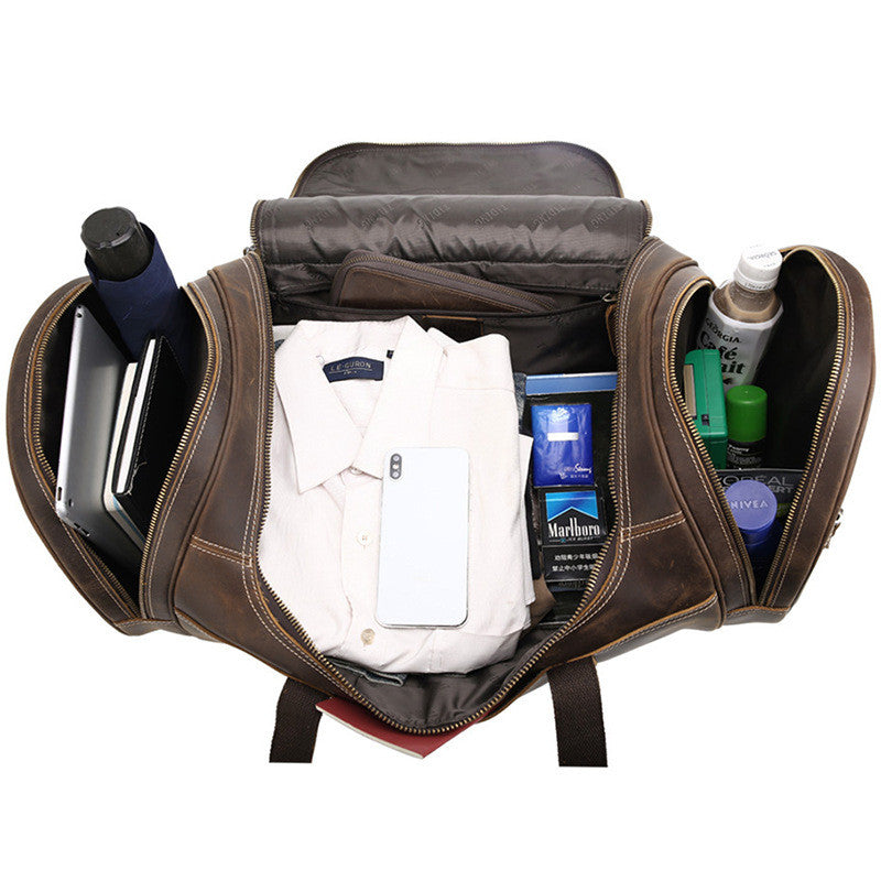 Trendy Cow European And American Retro Men&#39;s Leather Travel Bag Large-Capacity Leisure Gym Bag Crazy Horse Leather Travel Bag Portable