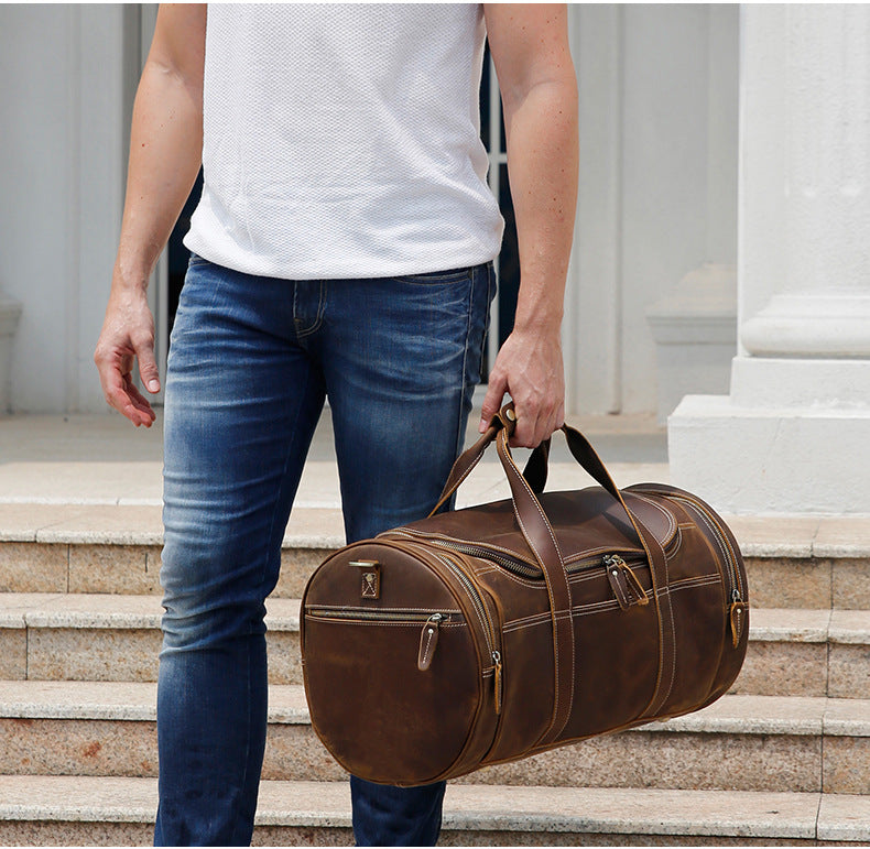 Trendy Cow European And American Retro Men&#39;s Leather Travel Bag Large-Capacity Leisure Gym Bag Crazy Horse Leather Travel Bag Portable