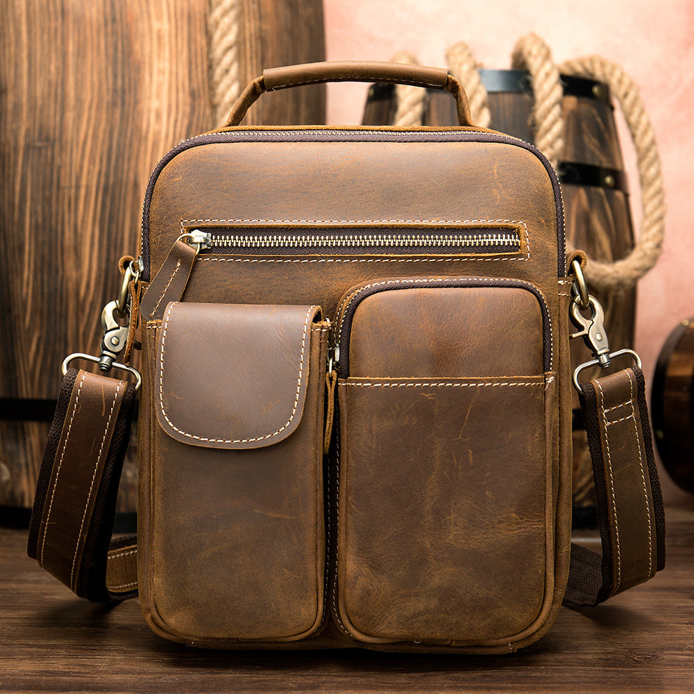 Cross-Border Source Leather Men&#39;s Bag Retro Solid Color Men&#39;s One-Shoulder Messenger Bag Top Layer Cowhide Crazy Horse Leather Men&#39;s Bag Wholesale