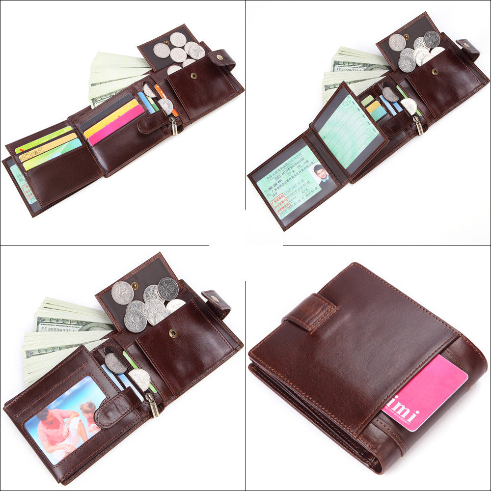 Men&#39;s BusinessOil Wax Leather Retro Top Layer Cowhide Wallet Foreign Trade Explosion Multi-Card Position Clutch