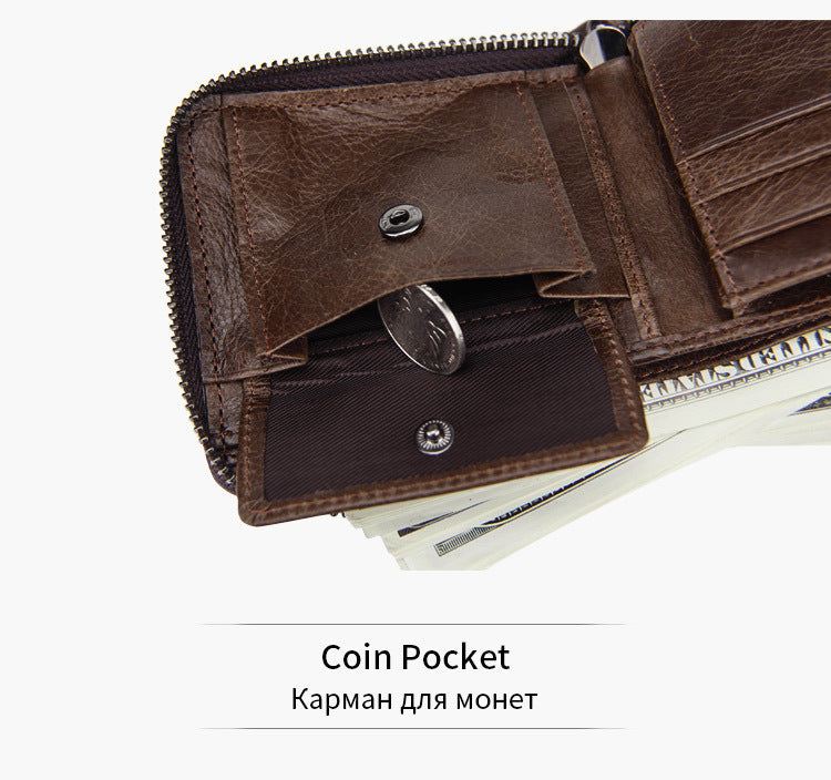 Leather Zipper Crazy Horse Leather Men&#39;s Bag Retro Large-capacity Soft Wallet Leather Wallet Men&#39;s Bag